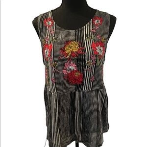 Dolan Left Coast Collection Floral Embroidered Peplum Top Black White‎ Stripe S